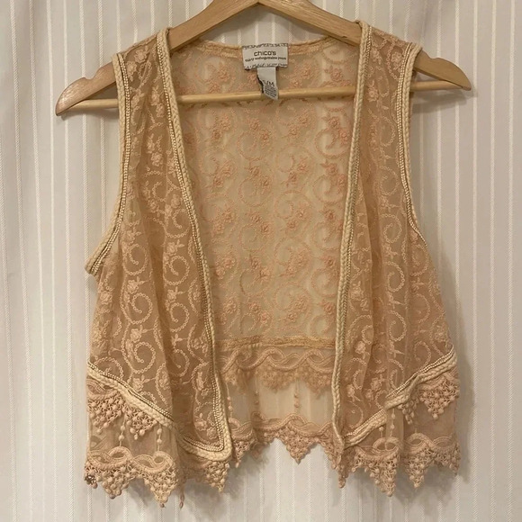 Chico’s - Tan/Cream - Lace Sleeveless Cardigan - Size S/M - GUC!! - Picture 1 of 6